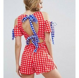 ASOS Jersey Bow Back Gingham Romper Playsuit